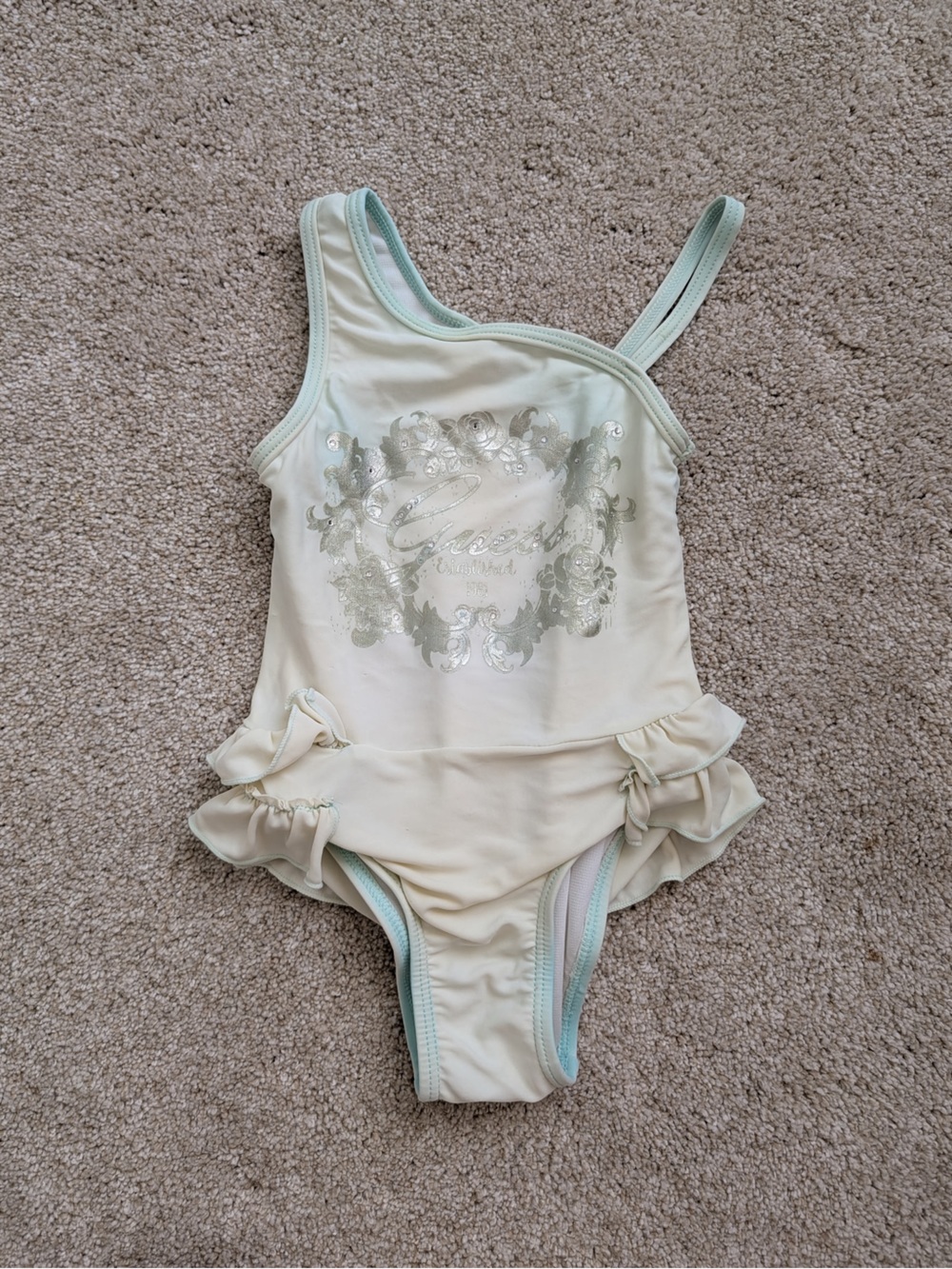Guess Toddler Girls One Shoulder Ruffle Swimsuit Size 2T Cream Mint